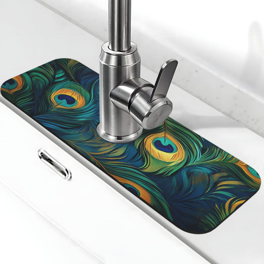 Peacock Feather Faucet Absorbent Mat – 15x5.5in Cuttable Rubber Back Sink Splash Guard
