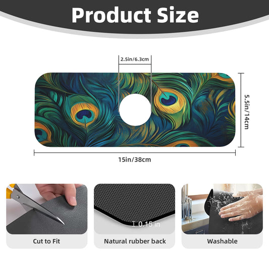 Peacock Feather Faucet Absorbent Mat – 15x5.5in Cuttable Rubber Back Sink Splash Guard