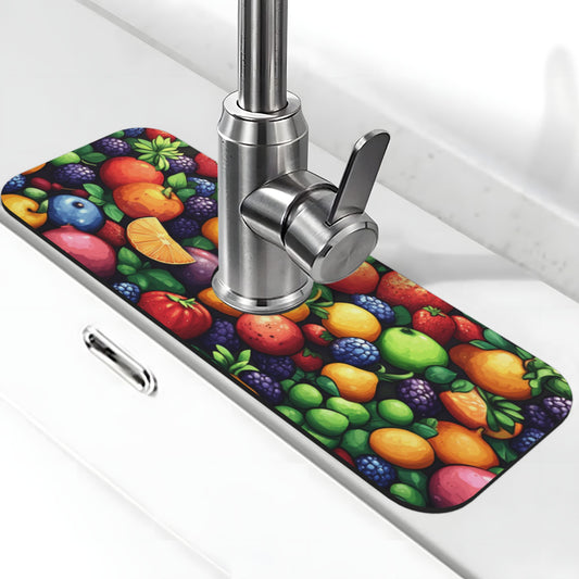 Fruit Pattern Faucet Absorbent Mat – 15x5.5in Kitchen Sink Splash Guard with Cuttable Coral Fleece Top & Non-Slip Rubber Back
