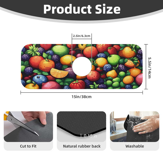 Fruit Pattern Faucet Absorbent Mat – 15x5.5in Kitchen Sink Splash Guard with Cuttable Coral Fleece Top & Non-Slip Rubber Back