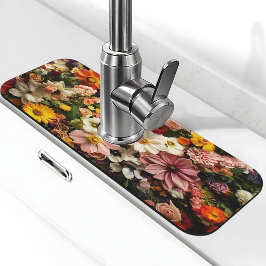 Floral Faucet Absorbent Mat – 15x5.5in Sink Splash Guard with Coral Fleece Top & Non-Slip Rubber Back, Cuttable and Washable