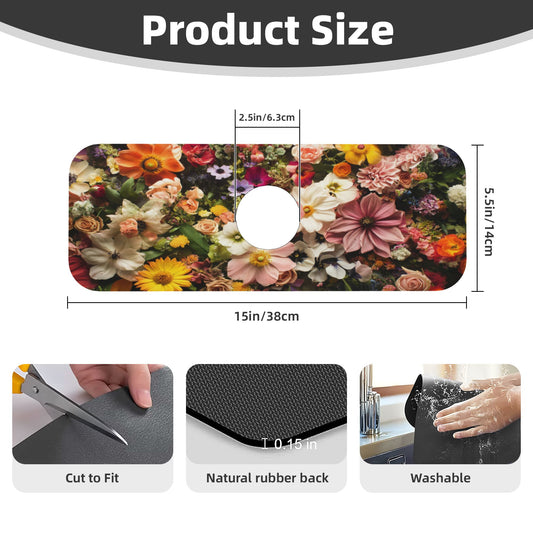 Floral Faucet Absorbent Mat – 15x5.5in Sink Splash Guard with Coral Fleece Top & Non-Slip Rubber Back, Cuttable and Washable