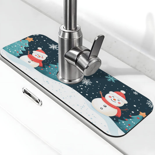 Christmas Snowman Faucet Absorbent Mat – 15x5.5in Sink Splash Guard with Coral Fleece Top, Non-Slip Rubber Back, Cuttable & Washable
