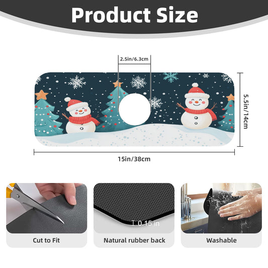 Christmas Snowman Faucet Absorbent Mat – 15x5.5in Sink Splash Guard with Coral Fleece Top, Non-Slip Rubber Back, Cuttable & Washable