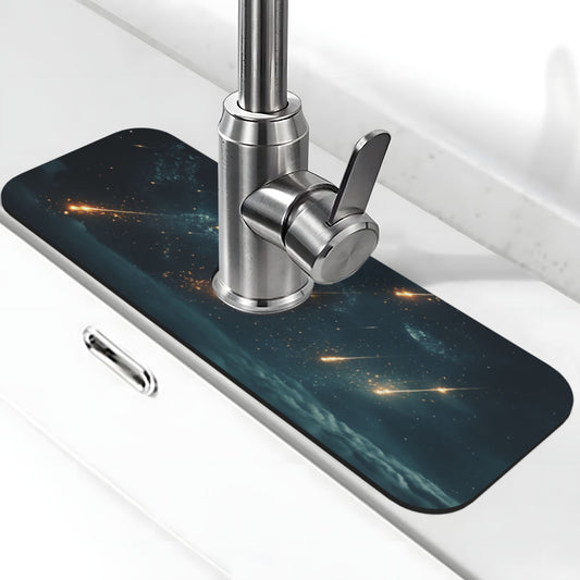 Meteor Sky Faucet Absorbent Mat – 15x5.5in Sink Splash Guard with Rubber Backing, Quick-Dry, Cuttable & Washable