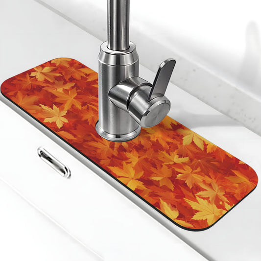 Autumn Maple Leaves Faucet Mat – 15x5.5in Absorbent Sink Splash Guard with Rubber Backing, Cuttable & Washable