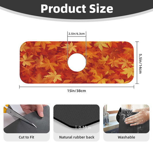 Autumn Maple Leaves Faucet Mat – 15x5.5in Absorbent Sink Splash Guard with Rubber Backing, Cuttable & Washable