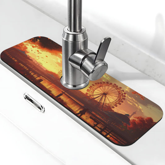 Ferris Wheel Sunset Faucet Absorbent Mat – 15"x5.5" Sink Splash Guard Pad with Coral Fleece Surface & Rubber Backing, Cuttable & Washable