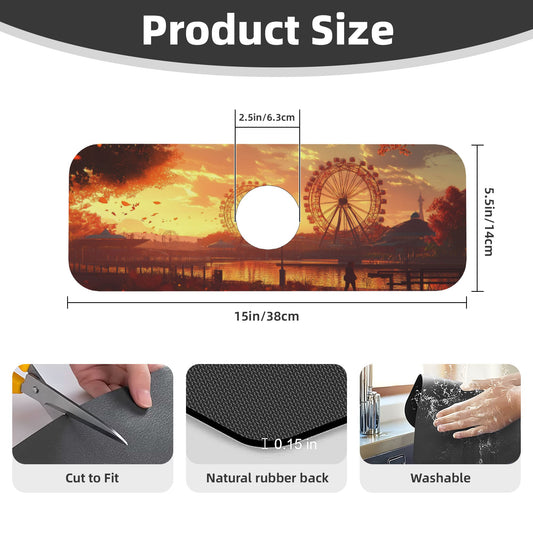 Ferris Wheel Sunset Faucet Absorbent Mat – 15"x5.5" Sink Splash Guard Pad with Coral Fleece Surface & Rubber Backing, Cuttable & Washable