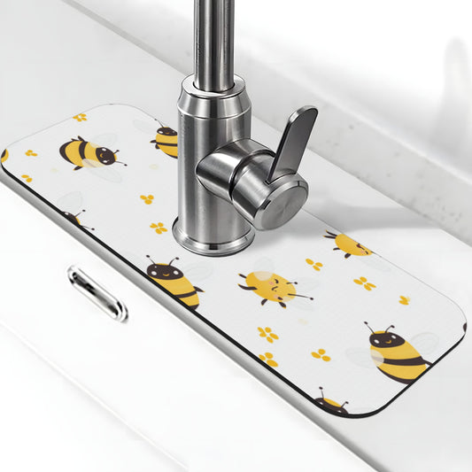Cute Bee Pattern Faucet Absorbent Mat – 15"x5.5" Sink Splash Guard with Coral Fleece Surface & Rubber Backing, Cuttable & Washable