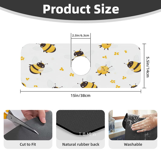 Cute Bee Pattern Faucet Absorbent Mat – 15"x5.5" Sink Splash Guard with Coral Fleece Surface & Rubber Backing, Cuttable & Washable